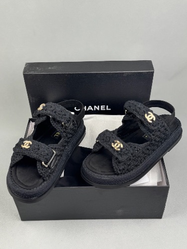 Chanel Crochet Velcro Dad Sandals in black