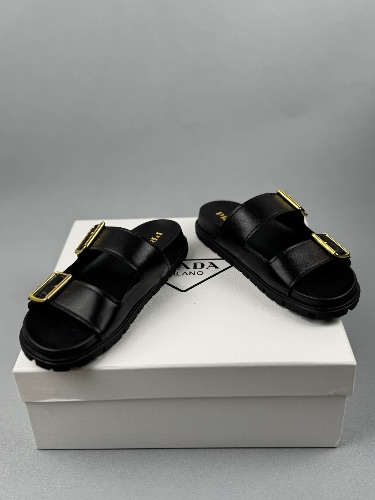 Prada black leather double-buckle sandals — 4
