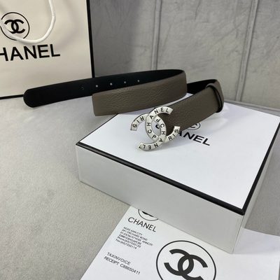 Chanel belt features a taupe, caviar-textured leather strap and a distinctive gold-tone logo buckle — 6