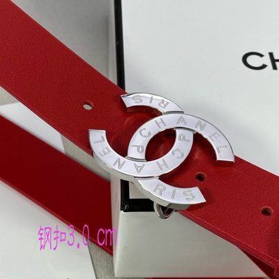 Chanel red calfskin leather belt features a gold-tone CC buckle — 5
