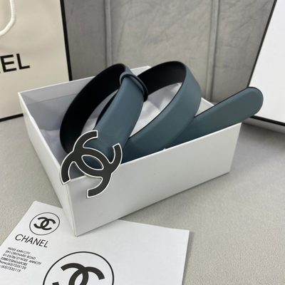 Chanel lambskin leather belt in a blue-gray hue, featuring a distinctive silver-tone interlocking CC — 3