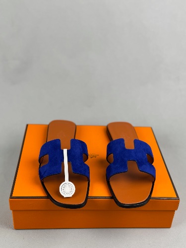 Hermès Oran sandals crafted from navy suede with the signature "H" cut-out — 3