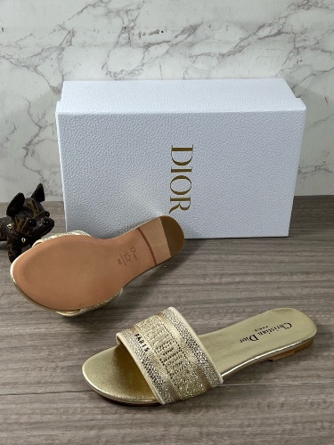 Christian Dior Metallic Gold Strass Embroidered Dway Slide Sandals