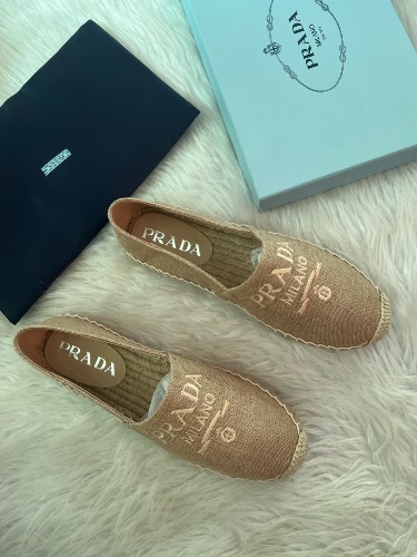 Prada Embroidered Logo Tan Jute Linen Espadrilles
