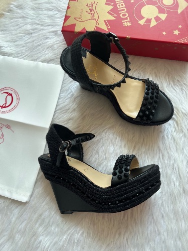 Christian Louboutin Madmonica Spiked Espadrille Wedge Sandals in black