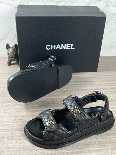 Chanel black grained calfskin quilted "Dad" sandals