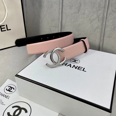 Chanel belt featuring a pink leather strap and a gold-toned CC buckle — 8