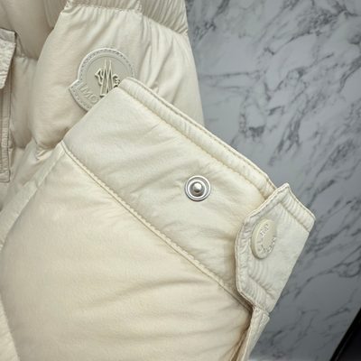 Moncler ivory-colored Moncler down-filled snap-front shirt jacket with dual chest flap pockets — 8