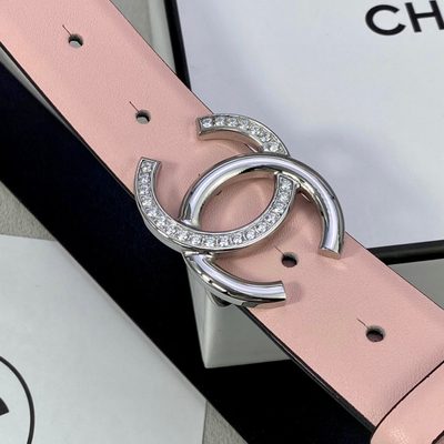 Chanel belt featuring a pink leather strap and a gold-toned CC buckle — 7