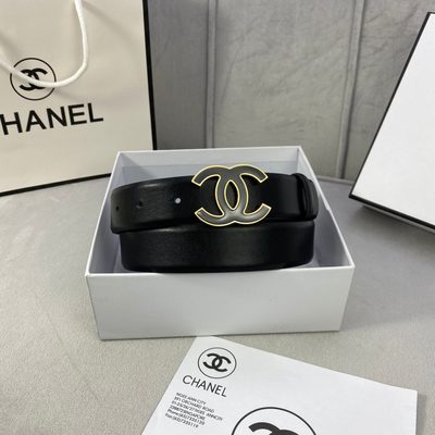 Chanel belt features a distinctive black and gold interlocking CC logo buckle — 7