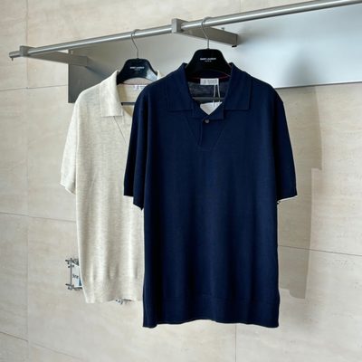 Brunello Cucinelli navy blue fine-knitted short-sleeve polo shirt — 4