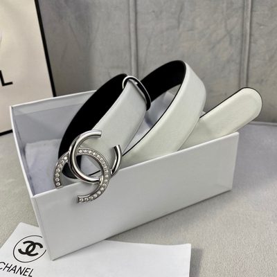 Chanel belt features white cowhide leather and a gold-tone CC buckle — 7