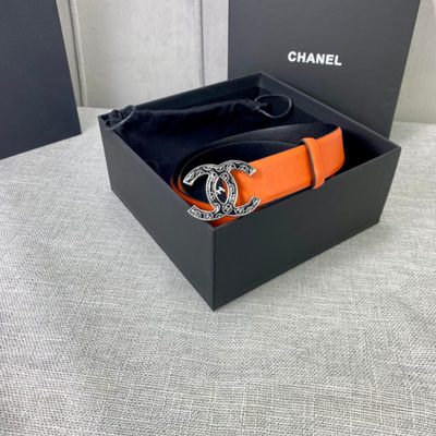 Chanel orange leather belt featuring a silver-tone buckle — 5