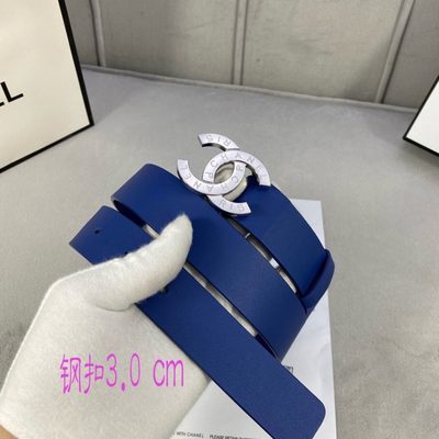 Chanel blue leather belt features a distinctive textured gold CC logo buckle — 7