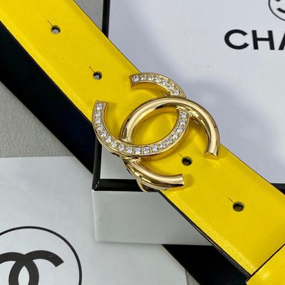 Chanel yellow leather belt features a silver-tone buckle — 5