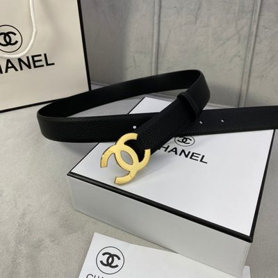 Chanel black leather belt featuring a prominent gold-toned interlocking CC logo buckle — 4