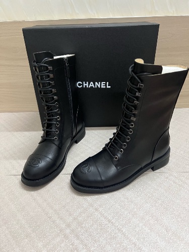 Chanel black leather lace-up combat boots — 3