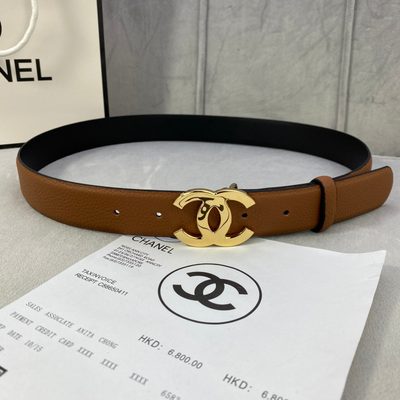 Chanel CC reversible belt features a tan and black calfskin strap with a silver-tone buckle — 5
