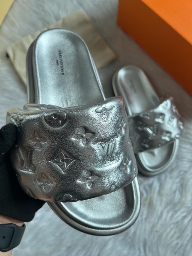 Louis Vuitton silver monogram revival embossed leather slides — 3
