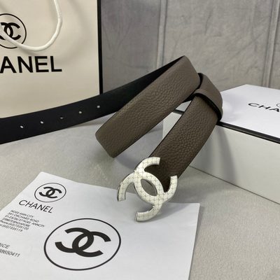 Chanel belt features a silver-tone CC logo buckle engraved with a repeating Chanel logo pattern — 3