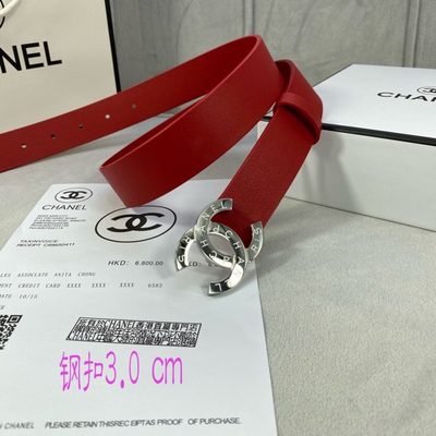 Chanel red calfskin leather belt features a gold-tone CC buckle — 6