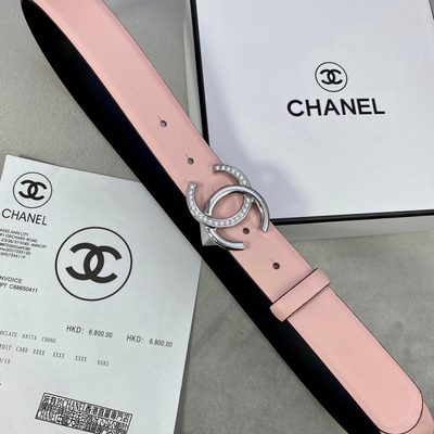 Chanel belt featuring a pink leather strap and a gold-toned CC buckle — 5