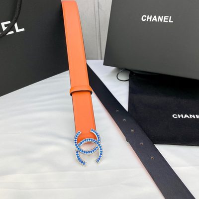 Chanel orange grained calfskin belt featuring a silver-tone interlocking CC buckle with navy blue de — 3