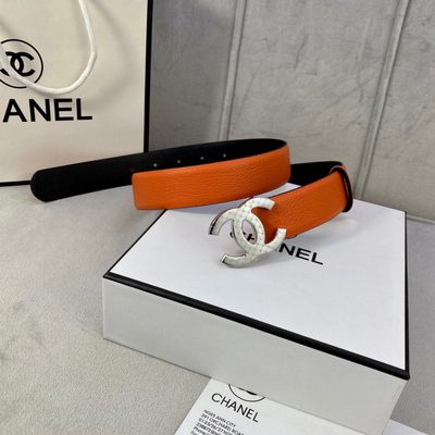 Chanel leather belt features a vibrant orange texture and a silver-toned interlocking CC buckle — 3