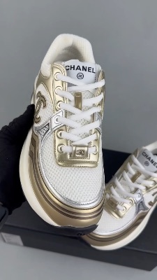 Chanel white and gold mesh CC logo runners — 5