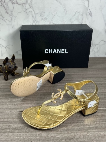 Chanel gold leather thong sandals