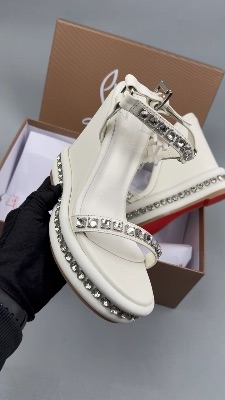 Christian Louboutin white leather Pyraclou studded wedge sandals — 5