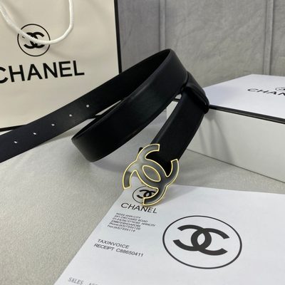 Chanel belt features a distinctive black and gold interlocking CC logo buckle — 6