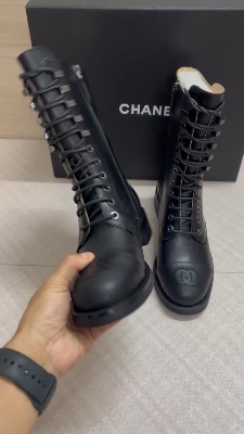 Chanel black leather lace-up combat boots — 5