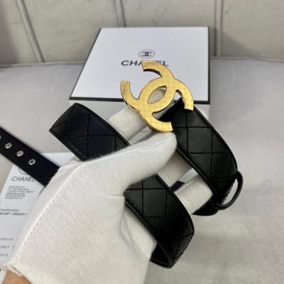Chanel black quilted leather belt features a distinctive gold-toned CC logo buckle — 4