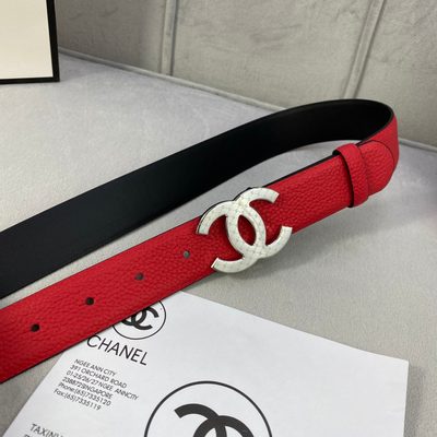 Chanel red leather belt features a gold-tone interlocking CC buckle — 5