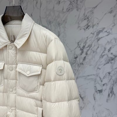 Moncler ivory-colored Moncler down-filled snap-front shirt jacket with dual chest flap pockets — 6