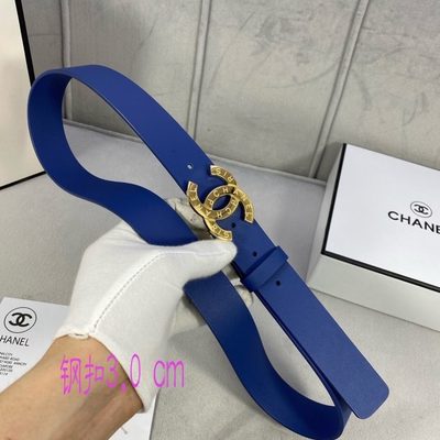 Chanel blue leather belt features a distinctive textured gold CC logo buckle — 3