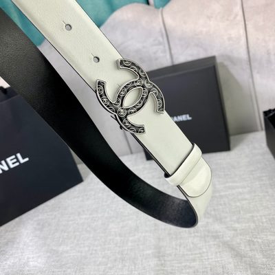 Chanel white reversible leather belt featuring a silver CC logo buckle — 4