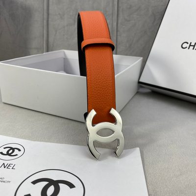 Chanel belt is crafted from orange grained calfskin leather and features a gold-tone interlocking CC — 9