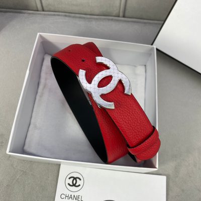 Chanel red leather belt features a gold-tone interlocking CC buckle — 8