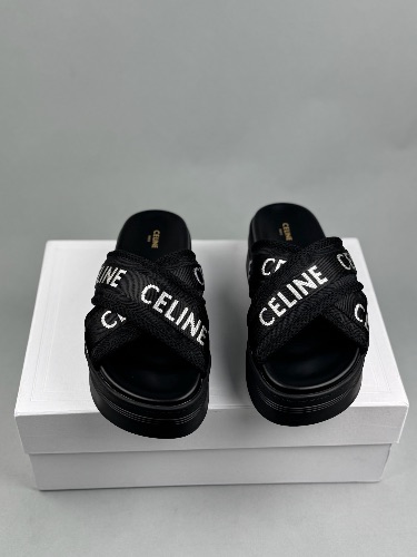 CELINE Block Slide sandals in black mesh, nylon, and textile with jacquard branding — 3