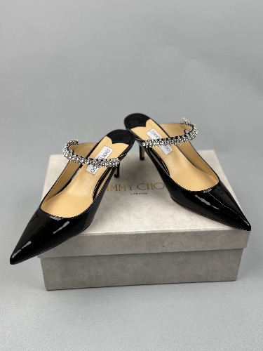 Jimmy Choo Bing 100 Black Patent Leather Mules with a crystal strap — 4