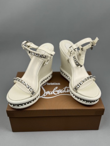 Christian Louboutin white leather Pyraclou studded wedge sandals — 4