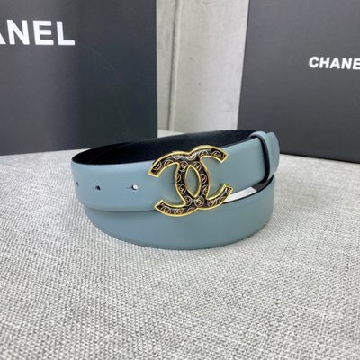 Chanel belt made from turquoise calfskin leather featuring a silver-tone CC logo buckle — 7