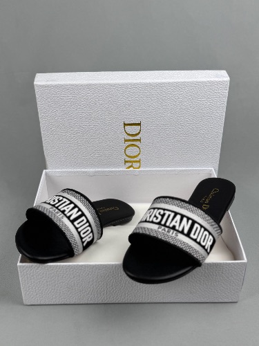 Christian Dior Dway black fabric embroidered slides