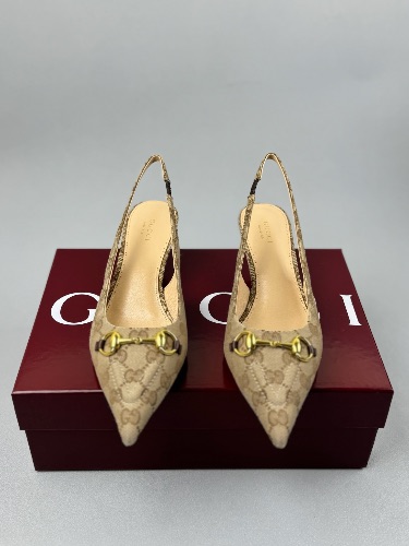 Gucci Horsebit slingback pumps in beige GG canvas — 3
