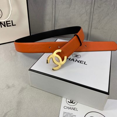 Chanel belt is crafted from orange grained calfskin leather and features a gold-tone interlocking CC — 4