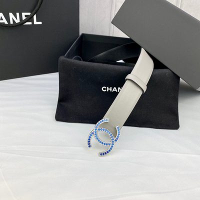 Chanel belt features a distinctive light gray leather strap and a CC logo buckle — 5