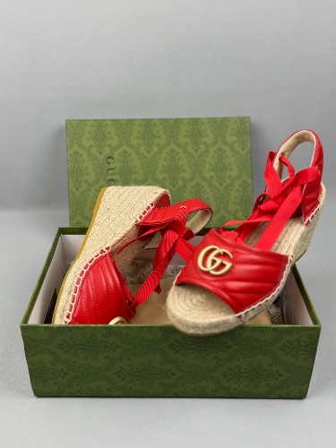 Gucci Red Leather Matelassé Platform Espadrille