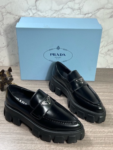Prada Black Brushed Leather Monolith Loafers